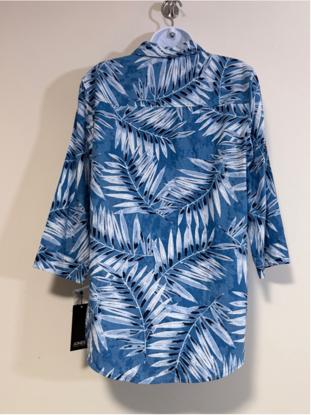 Jones New York Small Button Down Blue Tropical Printed Linen Blend Blouse NWT - Picture 3 of 4